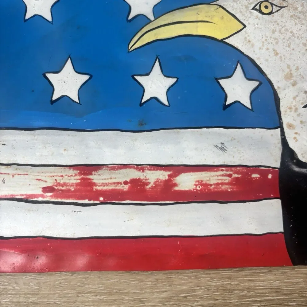 Hand Painted Metal American Flag Bald Eagle Sign Folk Art Wall Decor 10